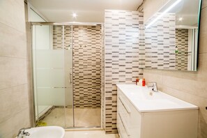 Shower, hair dryer, bidet, towels