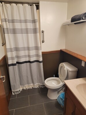 Un baño con cortina de ducha a rayas, un inodoro blanco, una bolsa de basura azul y un tocador de madera.