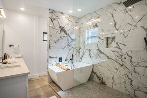 Hair dryer, towels, soap, toilet paper