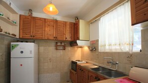 A compact kitchen with wooden cabinets, a white refrigerator, a sink, and a window with a curtain. - Alexandra Apartment in Katavolos (Corfu)