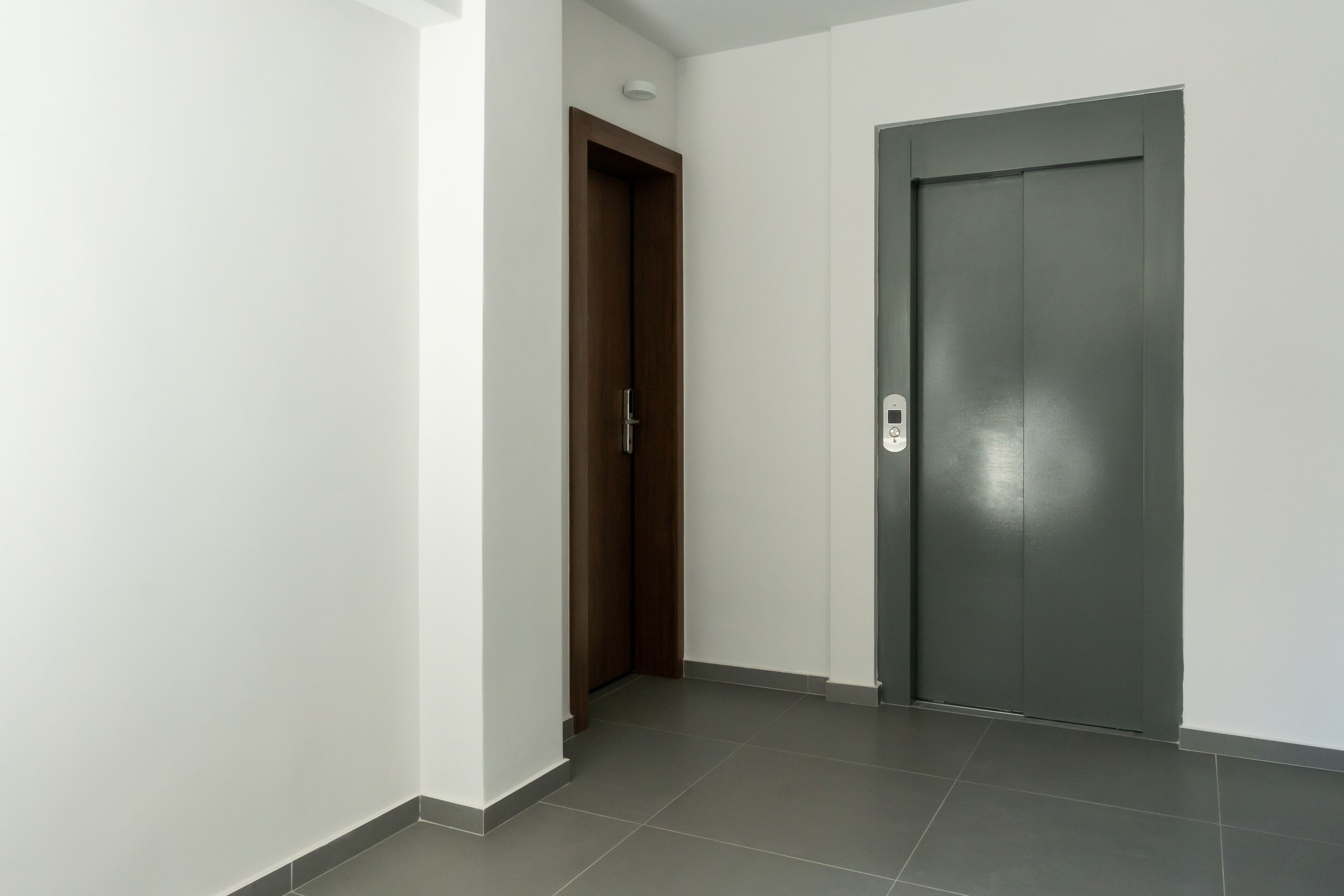 Un pasillo con una puerta de madera y una puerta de ascensor gris.
