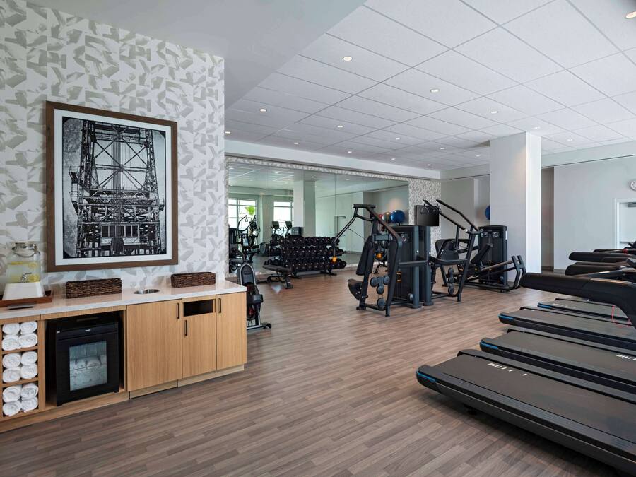 A gym with treadmills, weight machines, and a wall-mounted picture.