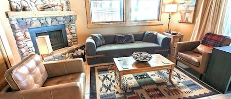 Televisión, chimenea, reproductor de DVD y libros