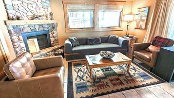 TV, fireplace, DVD player, books