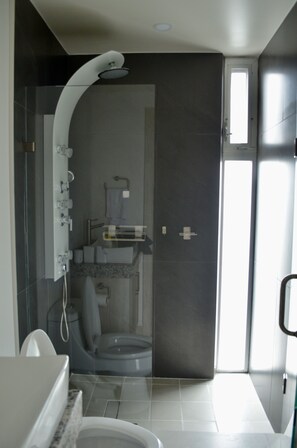 Shower, hair dryer, towels, soap