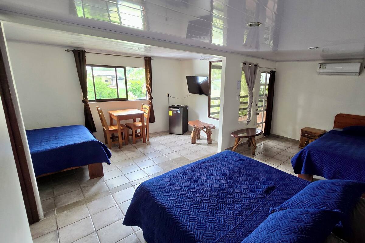 A room with two beds, a desk, a chair, a TV, and an air conditioning unit.
