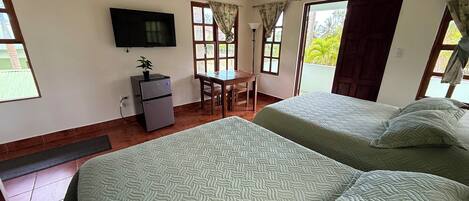 Une chambre avec deux lits, une télévision, une petite table et une fenêtre avec des rideaux.