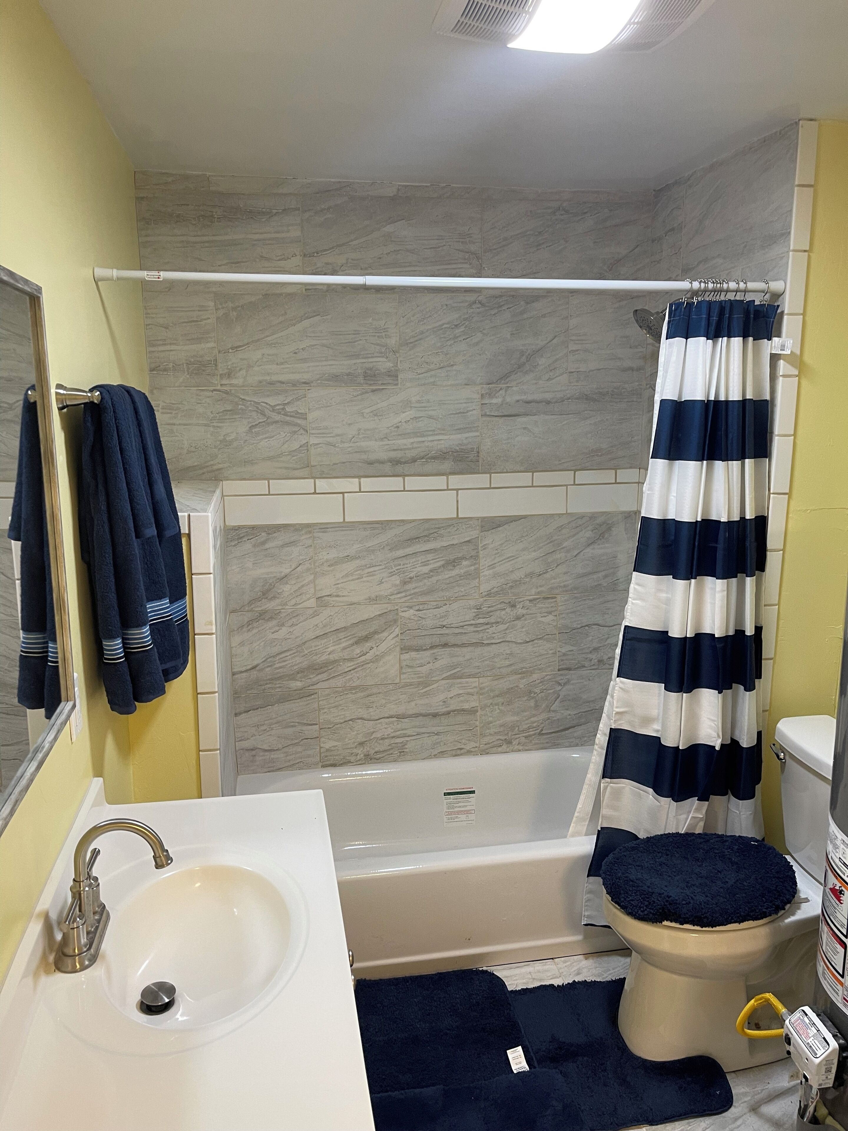 Hair dryer, towels, soap, shampoo