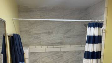 Hair dryer, towels, soap, shampoo