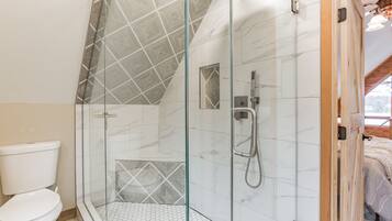 Shower, hair dryer, towels, shampoo
