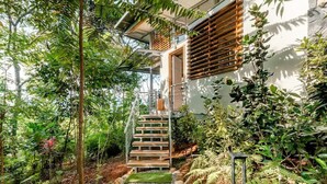 Un escalier menant à une porte en bois ornée d’une rampe métallique, le tout entouré d’une végétation luxuriante et bordé d’un chemin de gravier.