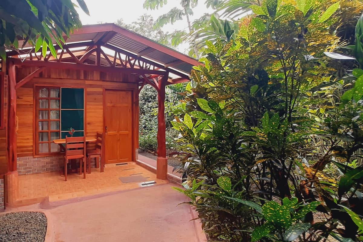 A wooden cabin with a porch, surrounded by lush greenery.