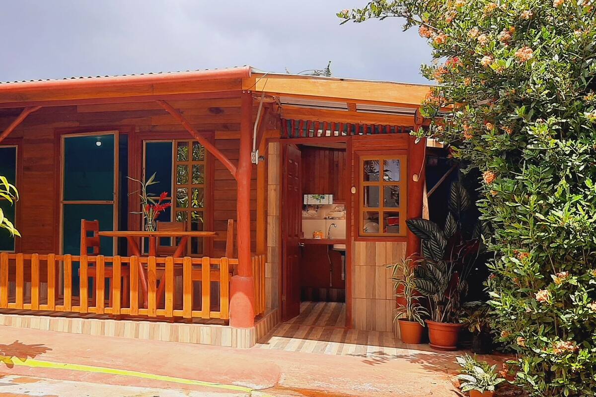 A wooden cabin with a porch, surrounded by lush greenery.