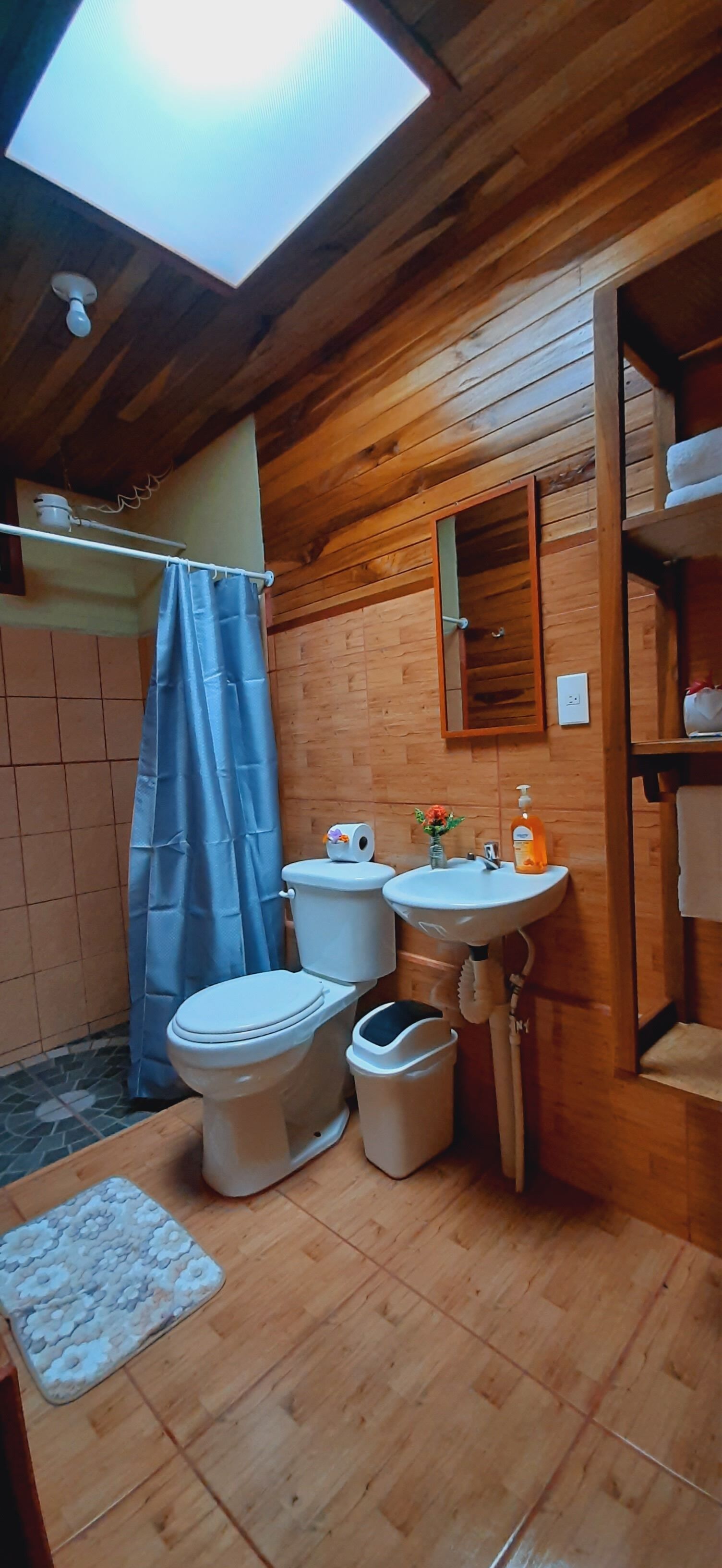 Une salle de bain aux murs lambrissés, dotée d’un puits de lumière, de toilettes, d’un lavabo et d’un rideau de douche.