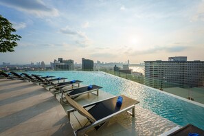 室外游泳池，開放時間為 07:00 至 20:00，提供泳池遮陽傘和日光浴躺椅