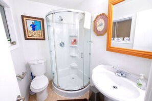 Douche, sèche-cheveux, serviettes fournies, savon