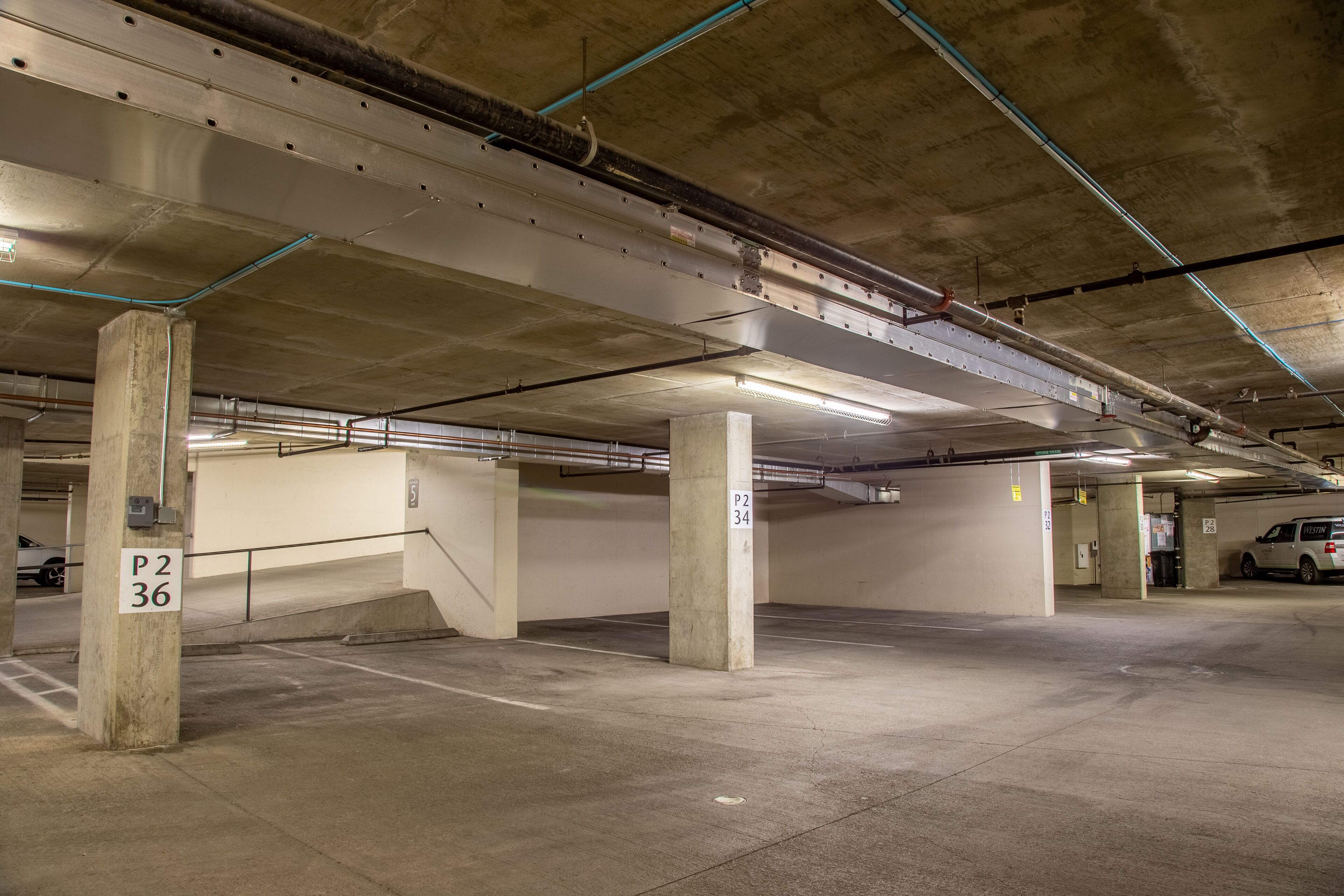 An underground parking garage with concrete pillars, fluorescent lighting, and clear signage for parking spots P2 36 and P2 34.