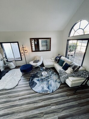 TV connectée, cheminée, livres, chaîne hi-fi