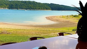 Ein Tisch mit einem Laptop und einer Maus, mit Blick auf einen Strand und bewaldetes Gelände.