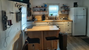 A compact kitchen with a wooden countertop, a sink, a refrigerator, and a television mounted on the wall.