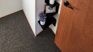 A corner of a room with a wooden door, a black shelf with a potted plant, a framed picture, and a textured carpet. - Lake of the Ozarks Secluded Vacation Home Waterfront with a Covered Dock. (Stover)