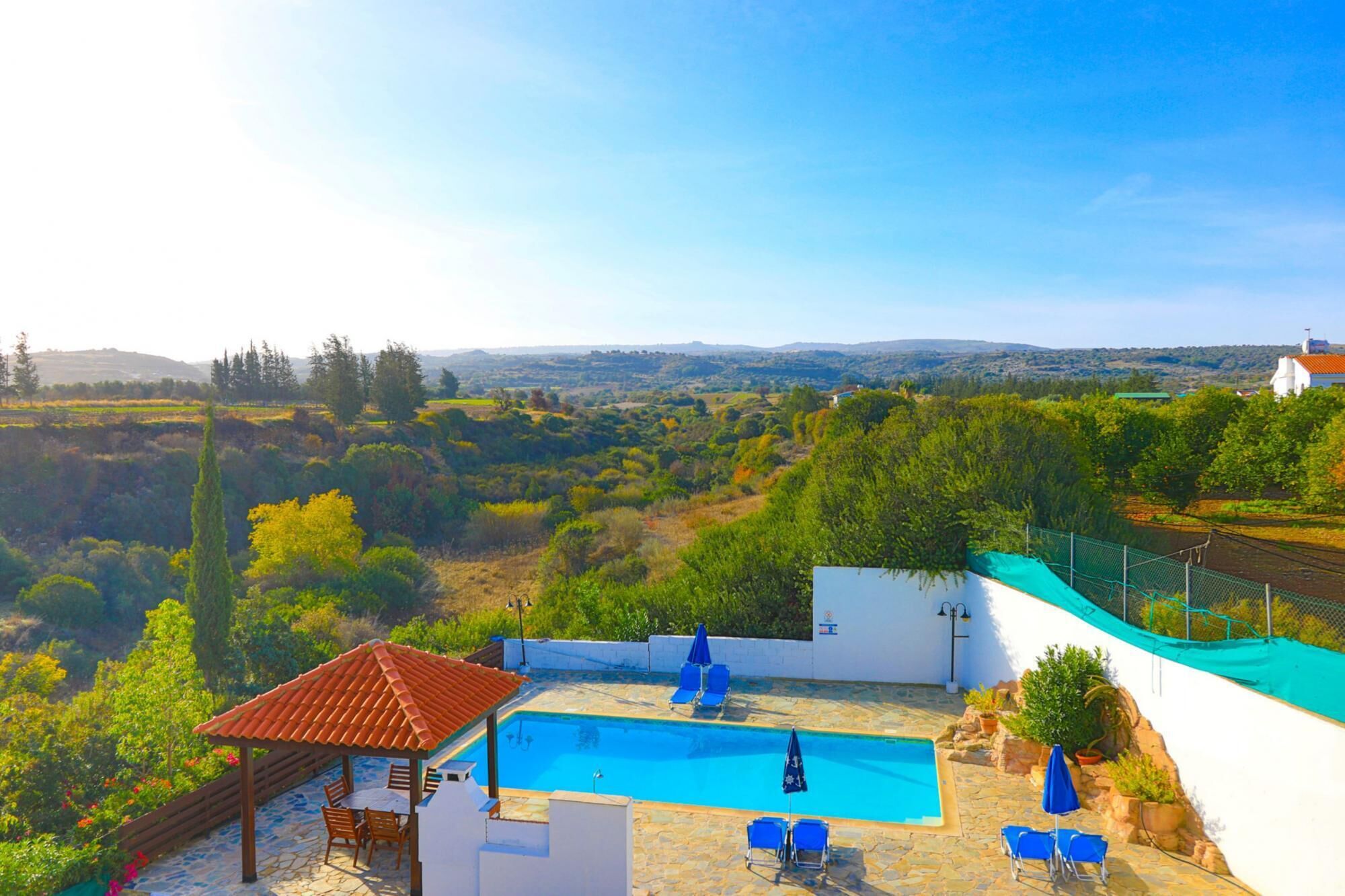 A rooftop pool with blue chairs and umbrellas, surrounded by greenery and a view of distant hills.