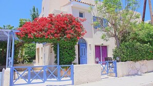 A Mediterranean-style building with a blue door and window shutters, surrounded by lush greenery and a clear blue sky. - Villa Irina Polis in Polis (Polis)