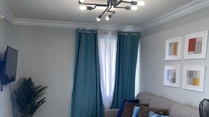 A living room with a grey sofa, a coffee table, a TV mounted on the wall, a ceiling light fixture, and a potted plant.