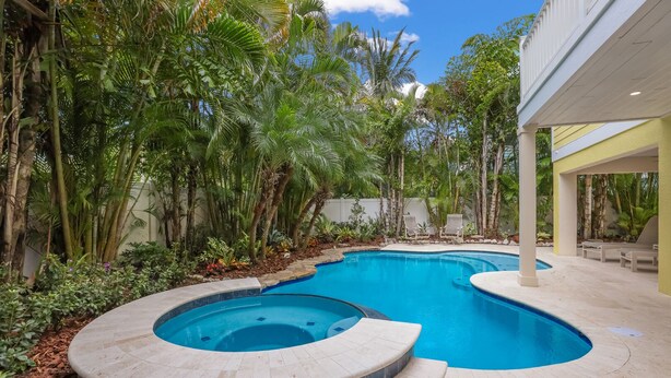 Piscina com hidromassagem, rodeada por plantas tropicais e um terraço coberto.