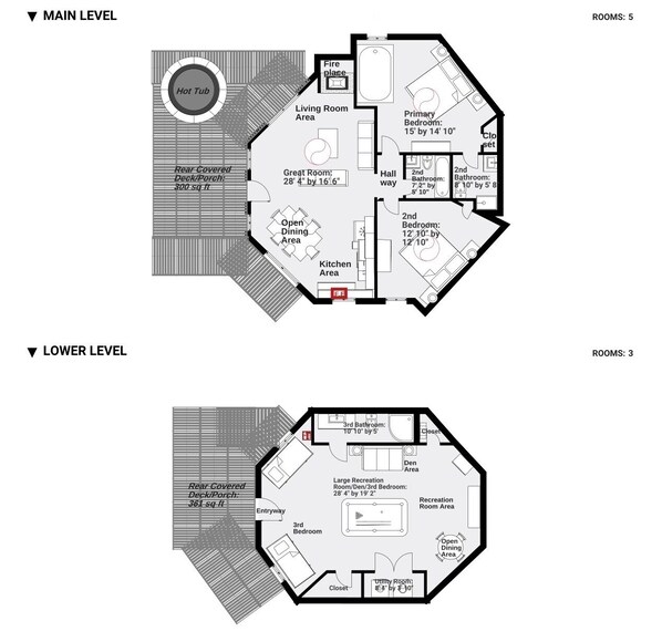 A floor plan of a house with 5 rooms on the main level and 3 rooms on the lower level.