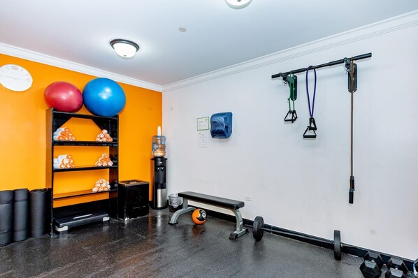 A gym with exercise equipment, a bench, and a wall-mounted rack with balls.
