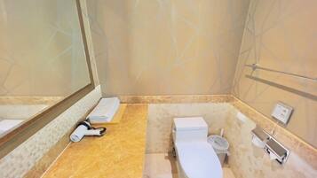 Hair dryer, towels, soap, shampoo