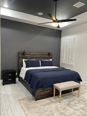 Blackout curtains, iron/ironing board