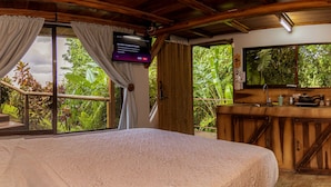 Un dormitorio con cama, cortinas, televisor y vista a zonas verdes.