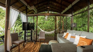 Un espacio al aire libre acogedor con sofá, sillas, televisor y hamaca.