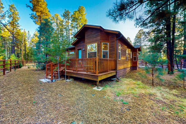 Guests can enjoy a tranquil outdoor space on the cabin's deck, surrounded by trees.