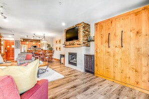 TV, fireplace, DVD player, foosball