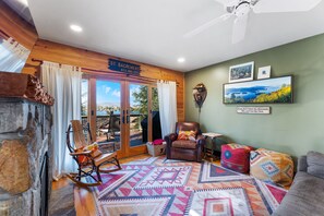 TV, fireplace, DVD player, books
