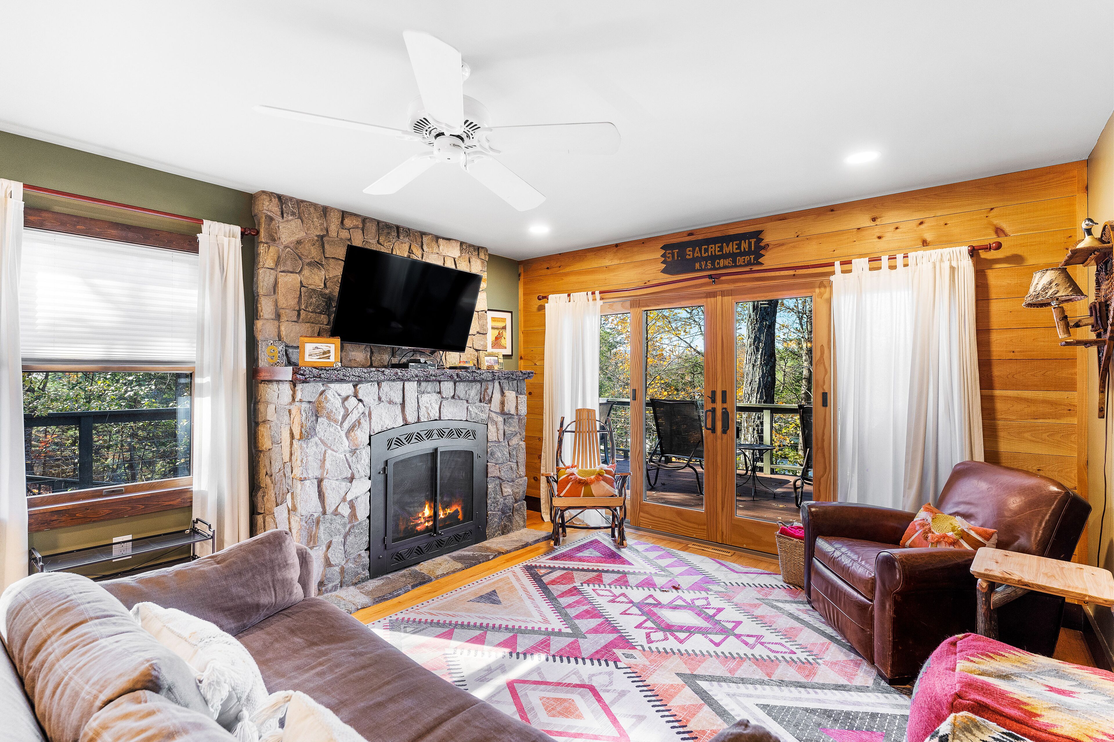 TV, fireplace, DVD player, books