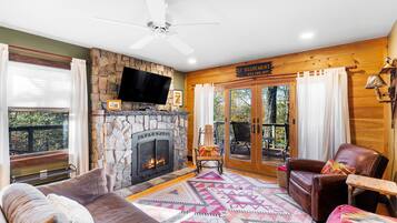 TV, fireplace, DVD player, books