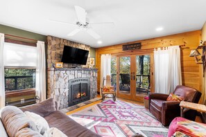 Télévision, cheminée, lecteur de DVD, livres