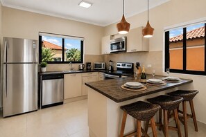 Fridge, microwave, oven, stovetop