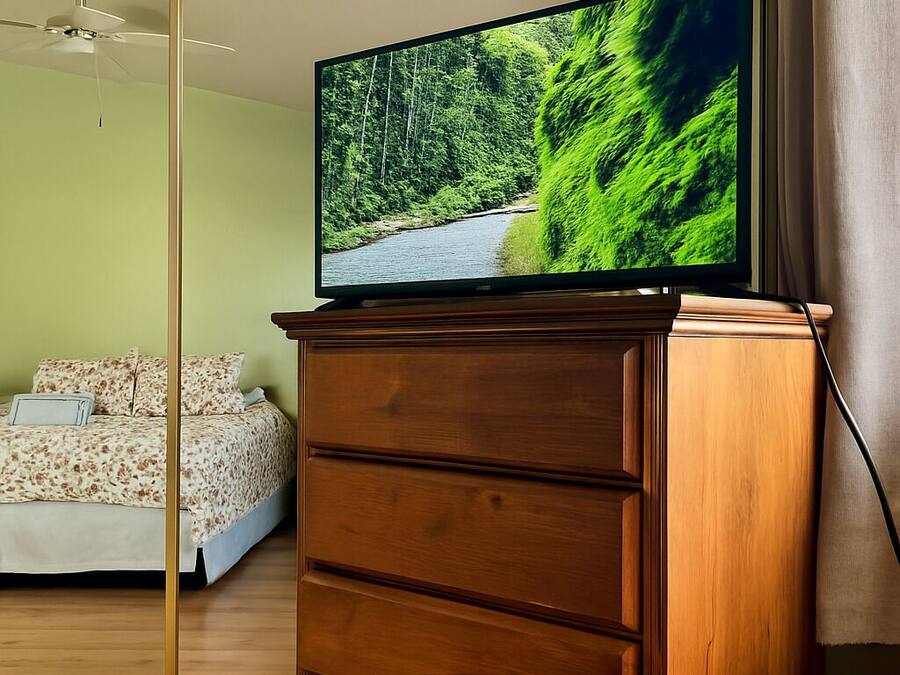A bedroom with a bed, a wooden dresser, a television on top of the dresser, and a ceiling fan.