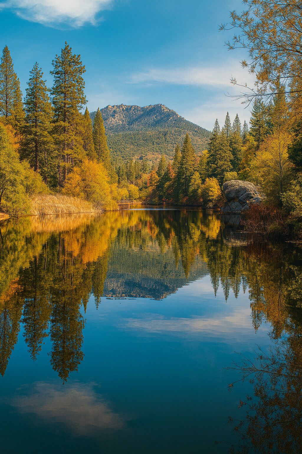 A serene lake with reflections of trees and mountains, surrounded by a forest.