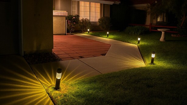 Een huis met een rode dakbedekking, een verharde oprit en een goed verlichte tuin met padverlichting.