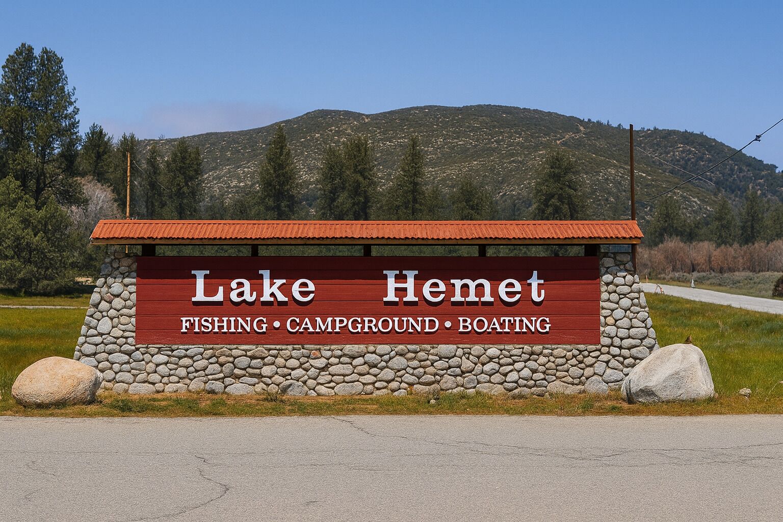 A sign for Lake Hemet with amenities listed as fishing, campground, and boating.
