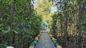 A pathway with colorful tiles and yellow and green painted edges, surrounded by dense foliage. - Homocation Changghar Resort (Kaliabar)