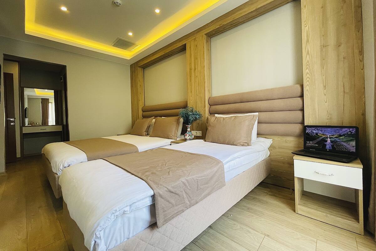A hotel room with two beds, a wooden headboard, a bedside table with a TV, and a mirror.