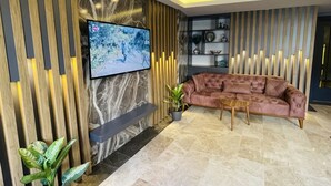 A modern living room with a flat-screen TV mounted on a wall, a brown leather sofa, a small wooden coffee table, and a potted plant. - Zem Hotel (Istanbul)