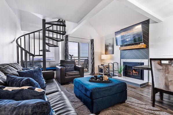 Signature Condo, 3 Bedrooms, Balcony, Mountain View | Living room | 55-inch Smart TV with cable channels, TV, fireplace - The Summit 5307 / INDOOR AND OUTDOOR POOLS (Gatlinburg)
